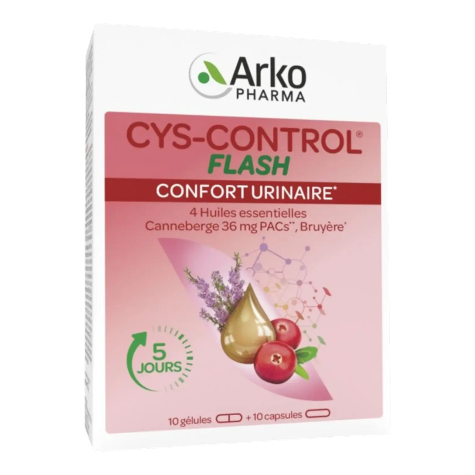 Boîte de ARKOPHARMA Cys-Control Flash 10 Gélules + 10 Capsules