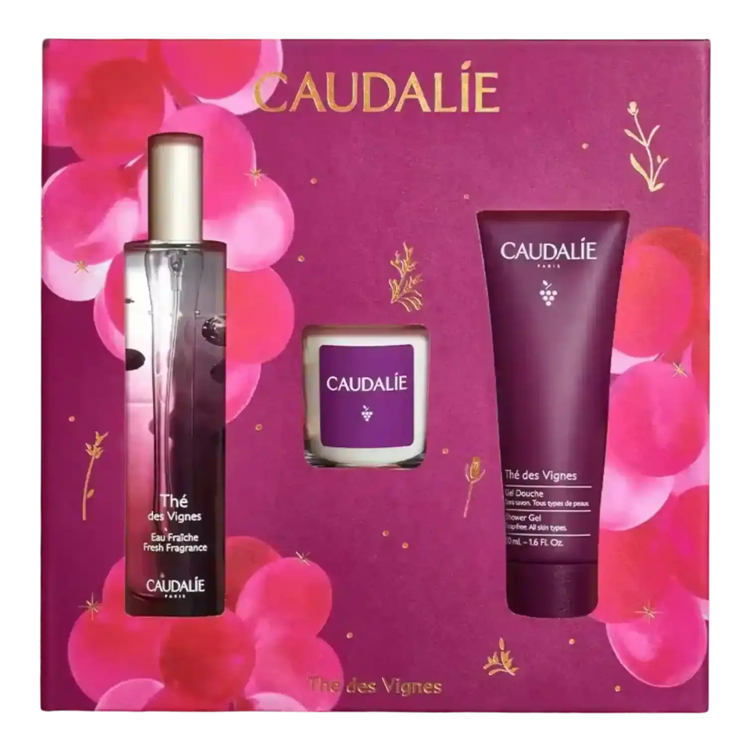 Coffret Caudalie Thé des Vignes Eau + Bougie + Gel