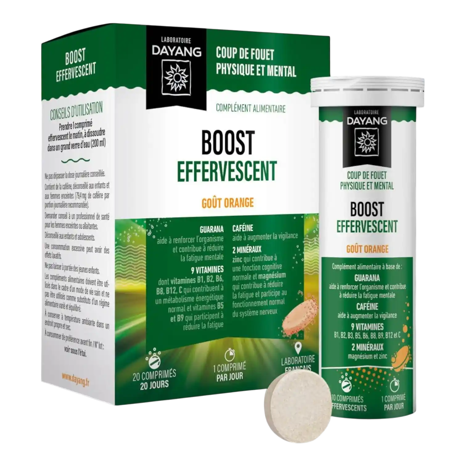 Boîte et tubes de DAYANG Boost Effervescent Goût Orange