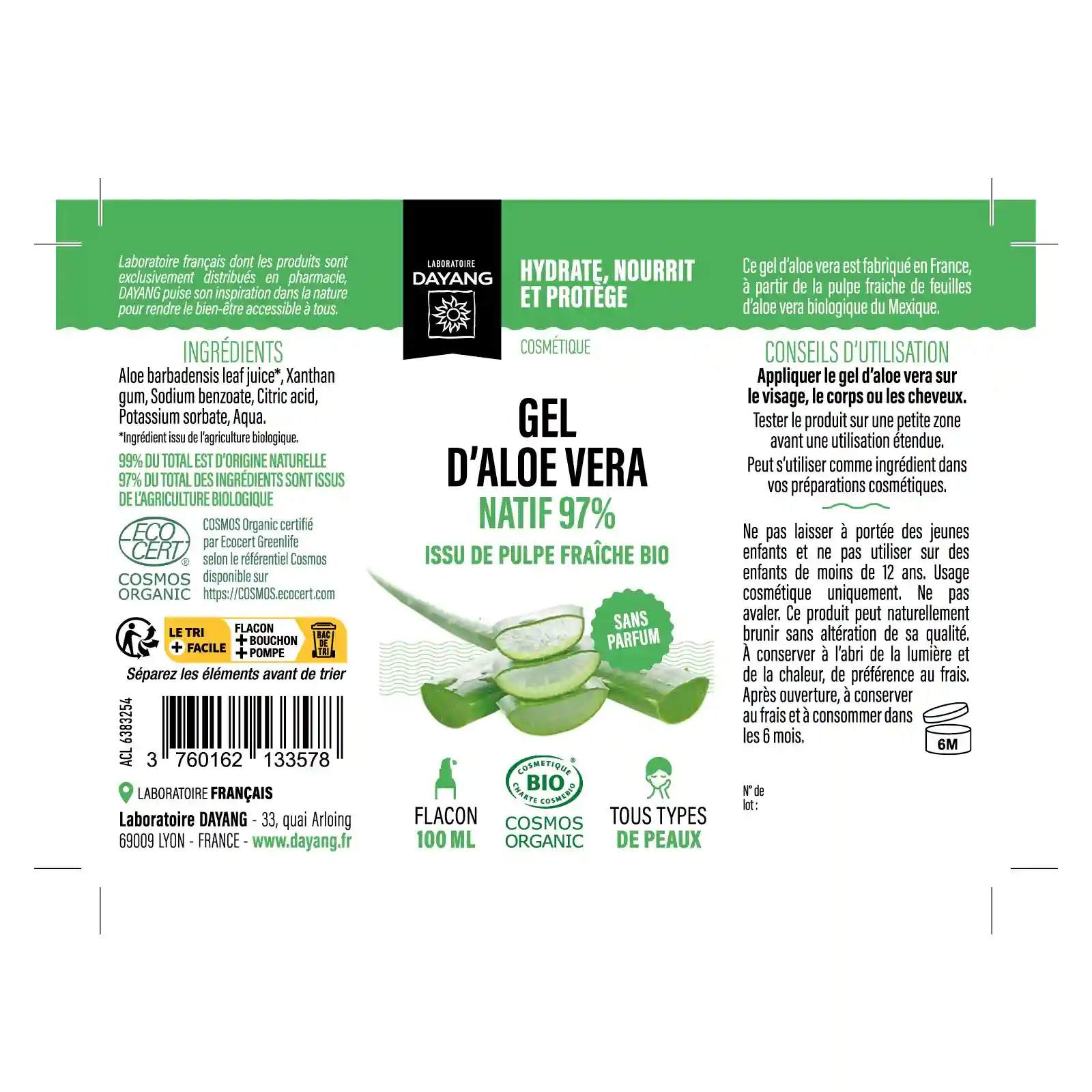 Flacon pompe du Gel d'Aloe Vera Natif 97% BIO DAYANG