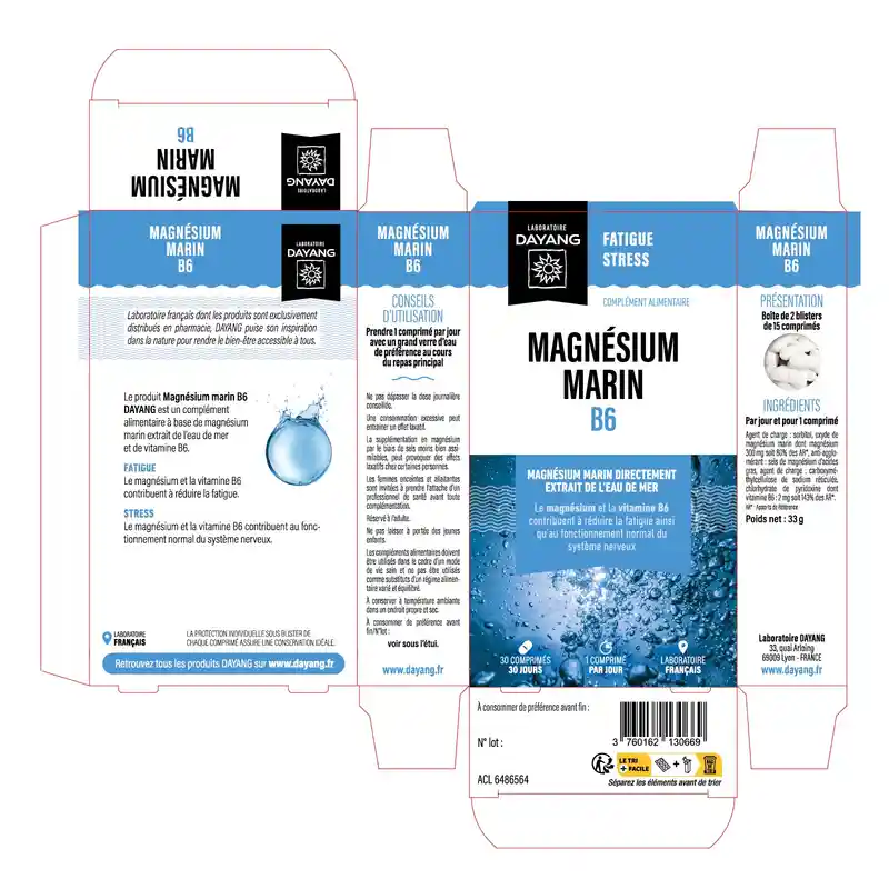 Boîte de DAYANG Magnésium Marin B6 30 Comprimés