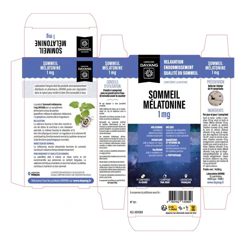 Boîte de DAYANG Sommeil Mélatonine 1mg 14 Comprimés