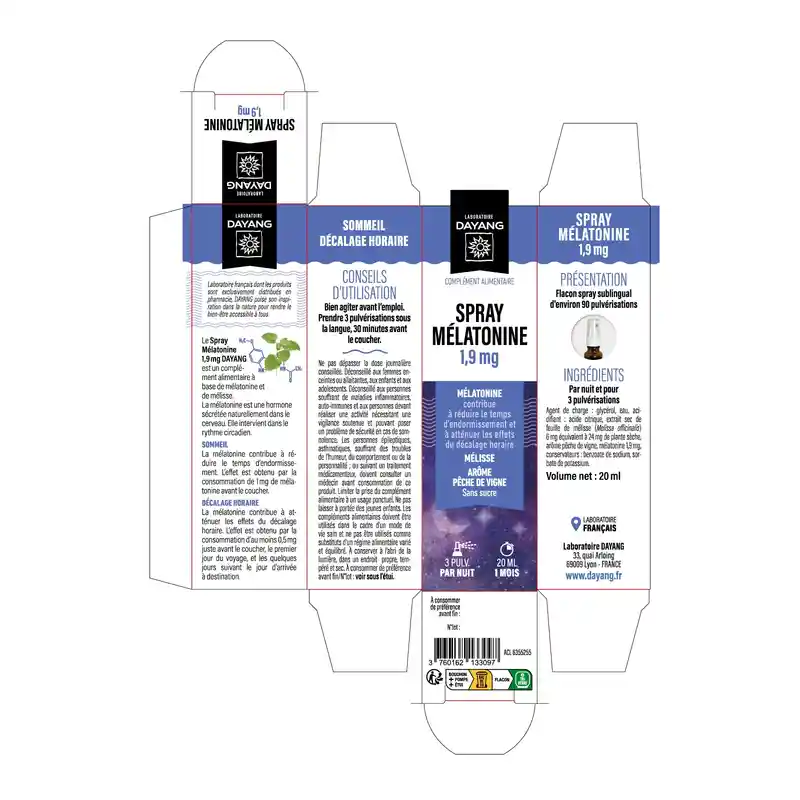 Flacon de DAYANG Spray Mélatonine 1,9 mg + Mélisse