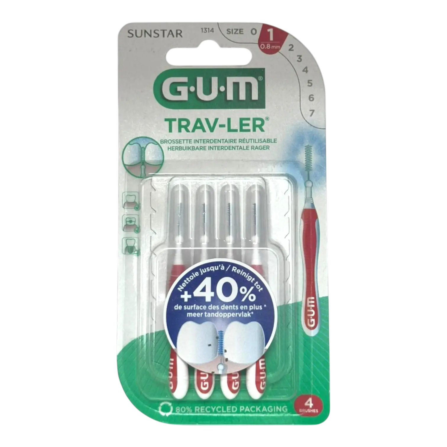 Boîte de 4 brossettes interdentaires GUM Trav-Ler 1314 de 0.8mm