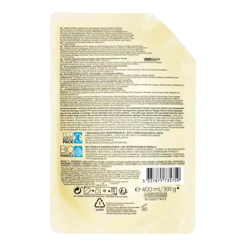 Sachet éco-recharge de l'Huile Lavante Lipikar AP+ La Roche-Posay